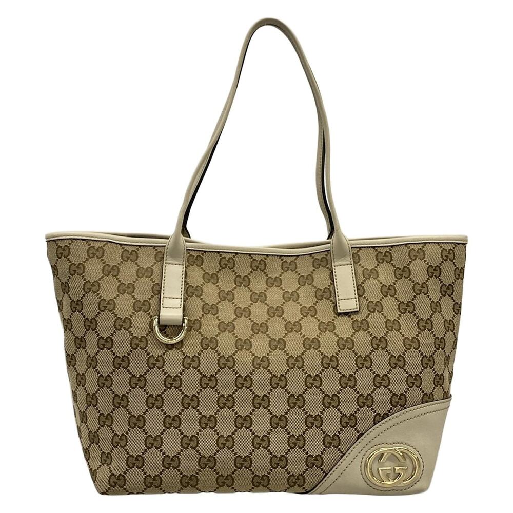 Gucci GG/New Britt Tote Bag 169946 Beige Dark Brown Cream Jacquard Leather